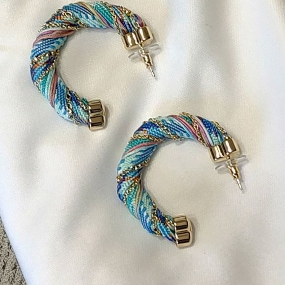 Kendra Scott Earrings Masie Corded Hoop Gold Pastel Mix Blue Summer Spring - Picture 5 of 8